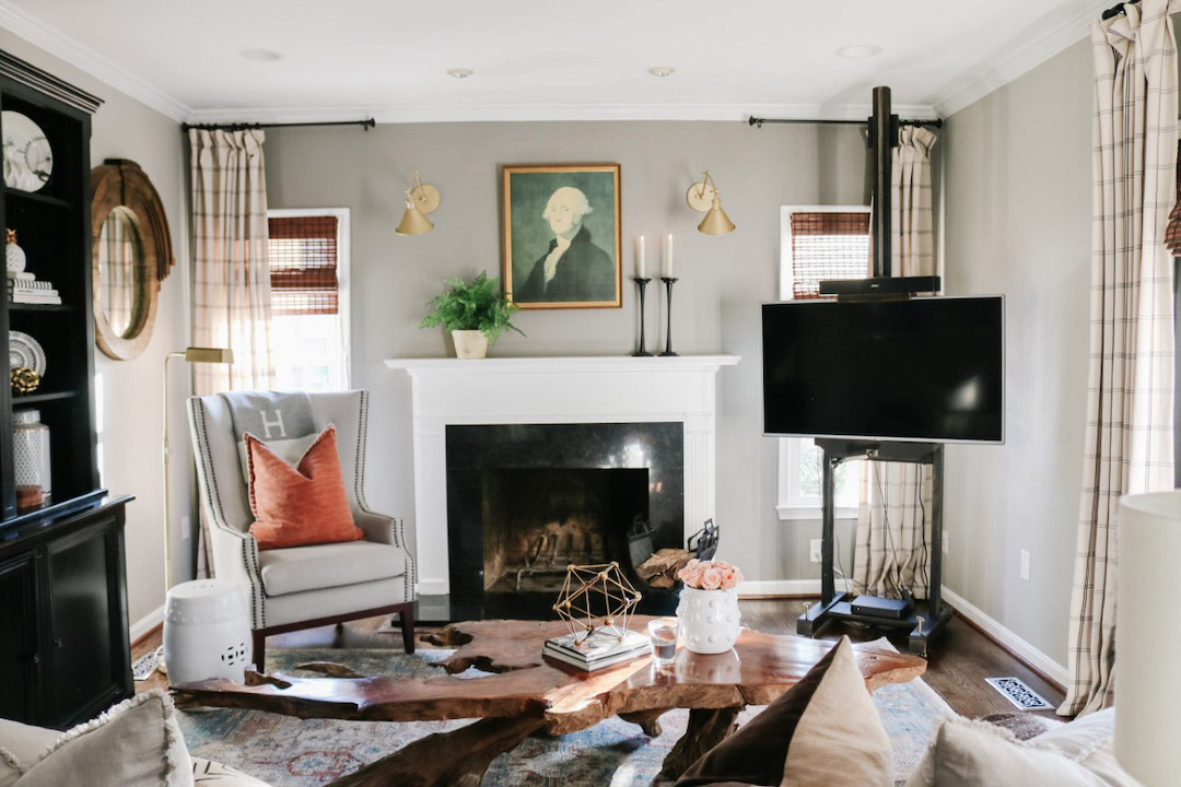 A traditional family room with a twist of modern, vintage and rustic designed by Michelle Whitener